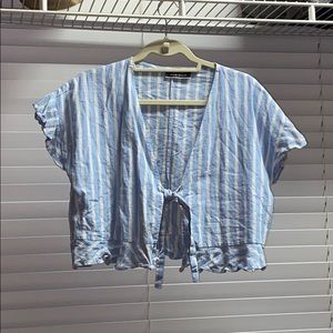 Blue and white seersucker striped crop top